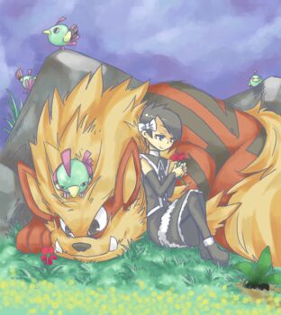 Rule 34 | 1girl, arcanine, black pantyhose, flower, gen 1 pokemon, gen 2 pokemon, gothic lolita, lolita fashion, marley (pokemon), natu, nintendo, oddish, outdoors, pantyhose, pokemon, pokemon (creature), sitting