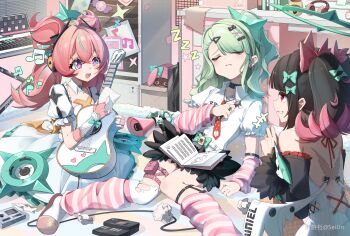 Rule 34 | 3girls, :d, absurdres, ahoge, aqua eyes, aqua hair, aria (zenless zone zero), bare shoulders, black choker, black hair, blush, book, bow, chinese commentary, choker, closed eyes, closed mouth, collared shirt, commentary request, detached sleeves, dress, gloves, green bow, green hair, grin, guitar, hair bow, hair ornament, hairclip, halo, headphones, heart, highres, holding, indoors, instrument, jingxinzhiyun, keyboard (instrument), long hair, microphone, miyoushe watermark, multicolored hair, multiple girls, music, musical note, nangong yu, necktie, one side up, open mouth, pink hair, puffy short sleeves, puffy sleeves, red eyes, red necktie, sheet music, shirt, short sleeves, single thighhigh, sitting, sleeping, smile, socks, speaker, streaked hair, sunna (zenless zone zero), thighhighs, torn clothes, twintails, two-tone hair, watermark, wavy hair, white dress, white shirt, zenless zone zero, zzz