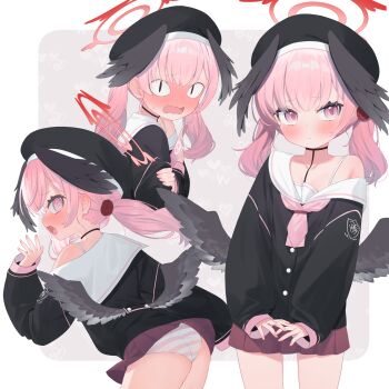 <|>_<|> 1girl ass beret black_hat black_wings blue_archive blush book feathered_wings halo hat head_wings heart highres holding holding_book koharu_(blue_archive) leaning_forward long_sleeves looking_at_viewer low_twintails low_wings miniskirt multiple_views neckerchief off_shoulder open_mouth panties pink_eyes pink_hair pink_neckerchief sailor_collar school_uniform simple_background skirt sleeves_past_wrists striped_clothes striped_panties tofu1601 twintails underwear winged_hat wings