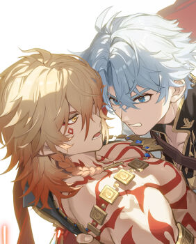 2boys antenna_hair arm_tattoo armlet bare_pectorals black_choker black_coat black_shirt blonde_hair blue_eyes blue_shrimp braid cape chest_tattoo chinese_commentary choker coat commentary_request earrings facial_tattoo gold_earrings gold_necklace gradient_hair highres honkai:_star_rail honkai_(series) implied_yaoi jewelry male_focus medium_hair multicolored_hair multiple_boys mydei_(honkai:_star_rail) neck_tattoo necklace open_clothes open_coat parted_bangs pectorals phainon_(honkai:_star_rail) red_cape red_hair red_tattoo shirt short_hair side_braid side_cape tattoo white_coat white_hair yellow_eyes