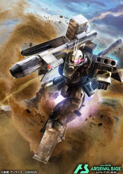 aiming aiming_at_viewer arm_cannon bandai battle bazooka_(gundam) beam_cannon cable cloud cloudy_sky commentary_request desert desert_zaku dust_cloud exposed_internal_machinery gundam gundam_arsenal_base gundam_zz igaraigara lens_flare logo machinery mecha mecha_focus neo_zeon no_humans official_art one-eyed radio_antenna realistic robot science_fiction sky weapon