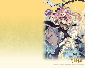 2011 2boys 2girls ace_(playing_card) ace_of_spades ahoge archived_source arm_wrap armor artist_request asgard barefoot bell-bottoms black_bow black_bowtie black_cape black_pants black_shirt black_skin black_sleeves black_wrist_cuffs blue_fire bow bowtie breasts brown_gloves cane cape card character_request collared_shirt colored_skin company_name copyright_name copyright_notice crop_top cropped_shirt dated dress_shirt earrings eight_of_spades english_text eyelashes eyeshadow fire five_of_spades floating_hair foot_wraps formal_clothes foxy_(asgard) frilled_sleeves frills full_armor full_body gem gloves grey_hair hair_bow half_updo hat helm helmet high_ponytail holding holding_cane holding_sword holding_weapon impasto jacket jewelry lapels large_belt left-handed leotard light_frown light_particles lips lipstick living_armor long_sidelocks long_sleeves lowered_eyelids makeup medium_breasts midriff mole mole_under_eye multiple_boys multiple_girls navel negative_space nexon notched_lapels official_art official_wallpaper ominous_knight open_mouth pants pink_hair pink_shirt pink_sleeves pink_wrist_cuffs playing_card ponytail purple_eyeshadow purple_hair queen_(playing_card) queen_of_spades_(playing_card) rabbit_tail red_gemstone second-party_source shirt short_sleeves sidelocks six_of_spades sleeve_cuffs smoke spade_(shape) striped_clothes suit suit_jacket summoner_(asgard) sword tail teeth ten_of_spades three_of_spades toes tongue top_hat turtleneck turtleneck_shirt two-sided_pants two-tone_sleeves two-tone_wrist_cuffs two_of_spades upper_body upper_teeth_only vertical-striped_clothes waist_cape warrior_(asgard) weapon white_hat white_leotard white_shirt white_sleeves white_suit wide_sleeves wing_collar wrist_cuffs yellow_background yellow_eyes