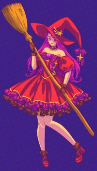 1girl asamiya_athena cosplay costume dress earrings female_focus gloves halloween halloween_costume hat heel_up highres jewelry long_hair looking_at_viewer open_mouth pale_skin purple_eyes purple_hair shiny_clothes shiny_skin shoes skirt smile smiley_face socks standing star_(symbol) the_king_of_fighters wide_hips witch witch_hat zhuyang_7