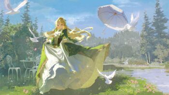 1girl absurdres ascot audrey_hall bird blonde_hair blue_sky breasts brooch chair closed_mouth commentary_request corset day dress eiki- fir_tree floating_clothes floating_hair frilled_dress frills full_body gem gloves gown grass green_dress green_eyes green_gemstone highres jewelry layered_dress long_dress long_hair long_sleeves looking_at_viewer lord_of_the_mysteries multicolored_dress necklace outdoors pearl_necklace sidelocks sky smile solo standing table tree umbrella white_ascot white_bird white_dress white_gloves white_umbrella wind