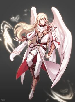 1boy angel_wings bird blonde_hair circlet feathered_wings fire_emblem fire_emblem:_radiant_dawn fire_emblem_heroes green_eyes headband heron highres long_hair male_focus nintendo pointy_ears reyson_(fire_emblem) silvercandy_gum white_wings wings