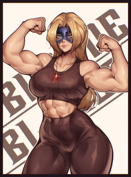 abs absurdres blonde_blazer blonde_hair blue_eyes breasts character_name commentary dispatch domino_mask double_biceps_pose english_commentary eye_mask flexing gem glowing glowing_eyes highres jewelry looking_at_viewer mask milka01477 muscular muscular_female necklace red_gemstone tank_top