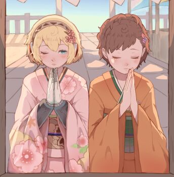 2girls absurdres aigis_(persona) android blonde_hair blue_eyes blue_sky blush brown_hair closed_eyes closed_mouth commentary_request cowboy_shot day facing_viewer floral_print floral_print_kimono flower furisode gold_hairband hair_between_eyes hair_flower hair_ornament hairband highres japanese_clothes kimono long_sleeves mechanical_hands multiple_girls one_eye_closed orange_kimono outdoors own_hands_together palms_together persona persona_3 persona_3_portable pink_flower pink_kimono praying print_kimono robot_ears sash shiomi_kotone short_hair shrine sky tbjj1208 wide_sleeves