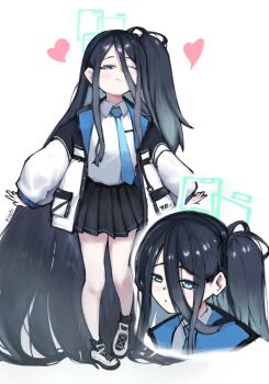 1girl absurdres aris_(blue_archive) black_skirt black_socks blue_archive blue_hair close-up green_halo grey_hair halo heart highres jacket light_smile long_hair looking_at_viewer miniskirt multicolored_hair necktie one_eye_closed open_clothes open_jacket rectangular_halo shirt shoes simple_background skirt smile socks user_rsds4452 very_long_hair white_background white_shirt white_shoes