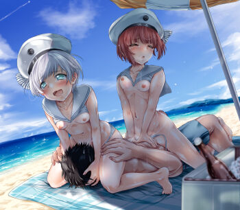 1boy 2girls :o admiral_(kancolle) barefoot beach beach_umbrella bikini bikini_bottom_aside bikini_top_lift black_hair blue_eyes blush bottle breasts brown_hair closed_eyes clothes_lift clothing_aside cloud cooler cosplay cunnilingus day drooling feet ffm_threesome girl_on_top group_sex hands_on_another&#039;s_head hat highres kantai_collection loli multiple_girls navel nipples ocean open_mouth oral outdoors red_hair reverse_spitroast sailor_bikini sailor_collar sailor_hat saliva sand sex short_hair shorts side-tie_bikini_bottom sitting sitting_on_face sitting_on_person sky small_breasts straddling sweat swimsuit tan tanline tears threesome topless_male towel tsukineko umbrella untied_bikini vaginal water wavy_mouth white_hair z1_leberecht_maass_(kancolle) z3_max_schultz_(kancolle) z3_max_schultz_(kancolle)_(cosplay) z3_max_schultz_(swimsuit)_(kancolle)