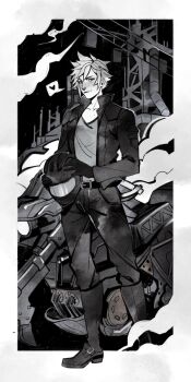 Rule 34 | absurdres, belt, belt buckle, black belt, black boots, black gloves, black jacket, black pants, boots, border, buckle, cloud strife, final fantasy, final fantasy vii, final fantasy vii g-bike, full body, gloves, grey shirt, greyscale, hair between eyes, heart, helmet, highres, holding, holding unworn helmet, jacket, light smile, looking at viewer, monochrome, motor vehicle, motorcycle, official alternate costume, pants, robasarel, scaffolding, shirt, short hair, spiked hair, spoken heart, unworn headwear, unworn helmet, white border