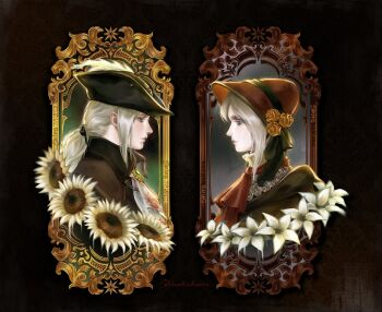 2girls artist_name ascot black_cloak black_hat black_jacket blood blood_on_clothes bloodborne bonnet cloak flower grey_hair hat hat_flower highres hunter_(bloodborne) jacket lily_(flower) low_ponytail multiple_girls pale_skin parted_bangs plain_doll ponytail portrait profile red_ascot red_bonnet shirohakune sunflower tricorne upper_body white_ascot white_flower yellow_flower
