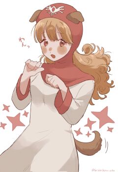 Rule 34 | 1girl, animal ears, blonde hair, blush, breasts, capelet, commentary request, curly hair, dog ears, dog girl, dog tail, dragon quest, dragon quest ii, hidechanyade, highres, hood, hood up, hooded capelet, kemonomimi mode, medium breasts, nose blush, parted lips, paw pose, princess of moonbrook, red capelet, red eyes, red hood, robe, roto's emblem, solo, tail, twitter username, upper body, white background, white robe
