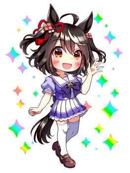 1girl ahoge animal_ears black_hair blush bow bowtie breasts chibi chibi_only collarbone commentary_request ear_ornament ear_ribbon full_body hair_between_eyes hair_ornament highres horse_ears horse_girl horse_tail kitasan_black_(umamusume) large_breasts looking_at_viewer multicolored_hair open_mouth pleated_skirt puffy_short_sleeves puffy_sleeves purple_bow purple_bowtie purple_shirt red_eyes sailor_collar sailor_shirt school_uniform shirt shoes short_hair short_sleeves skirt smile solo streaked_hair sugimotty_nova tail thighhighs tracen_school_uniform umamusume white_hair white_sailor_collar white_skirt white_thighhighs zettai_ryouiki