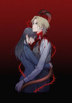 2girls absurdres asphyxiation black_hair blood blood_on_clothes blood_on_face blood_on_hands blunt_bangs brown_eyes brown_hair chin_rest chinese_commentary choking_on_object closed_mouth collared_shirt couple crying crying_with_eyes_open fangs friends from_side glowing glowing_eyes gradient_background green_eyes head_on_head head_rest highres hug lccdi light_smile like_mother_like_daughter long_hair long_sleeves looking_down looking_up multiple_girls necktie open_mouth parted_bangs parted_lips pink_lips red_background red_eyes ryu_sol school_uniform shirt skirt slit_pupils snake somyung&#039;s_mother_(like_mother_like_daughter) spoilers standing tears teeth thorns upper_body vest yuri