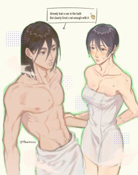 1boy 1girl abs absurdres aftersex amantes404 anger_vein arm_behind_back black_hair blush breasts brown_hair cleavage closed_mouth collarbone commentary_request cowboy_shot emoji english_text eren_yeager facial_hair hair_between_eyes hetero highres holding_another's_arm looking_at_another medium_breasts medium_hair mikasa_ackerman naked_towel parted_lips pubic_hair pubic_hair_peek shingeki_no_kyojin short_hair stubble thinking_emoji toned toned_male towel towel_around_waist twitter_username wet