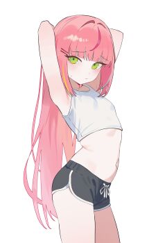 1girl absurdres armpits arms_behind_head arms_up bare_shoulders black_shorts breasts cowboy_shot crop_top dolphin_shorts drawstring green_eyes hanako_nana highres long_hair looking_at_viewer midriff multicolored_hair navel nbee_ya pink_hair shirt short_shorts shorts simple_background sleeveless sleeveless_shirt small_breasts solo stellive stomach streaked_hair thighs very_long_hair virtual_youtuber white_background white_shirt