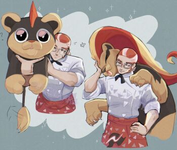 1boy animal animal_hug black_ribbon gen_6_pokemon grisham_(pokemon) hand_on_own_hip highres litleo luxenstar male_focus multicolored_hair multiple_views nintendo pants pokemon pokemon_(creature) pokemon_legends:_z-a pyroar pyroar_(female) rectangular_eyewear red_pants ribbon shirt short_hair sideburns sparkle tongue tongue_out white_shirt