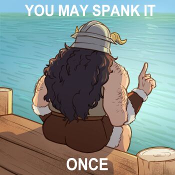 1boy ass back_hair bara beard dungeon_meshi dwarf english_text facial_hair facing_away fake_horns from_behind hairy helmet highres horned_helmet horns image_macro_(meme) index_finger_raised long_beard lukellios male_focus meme muscular muscular_male mustache senshi_(dungeon_meshi) sitting solo thick_arm_hair thick_mustache very_long_beard you_may_spank_it_once_(meme)