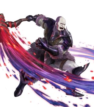 1boy armor armored_boots bald beard black_armor boots earrings facial_hair fire_emblem fire_emblem_fates fire_emblem_heroes hans_(fire_emblem) highres holding holding_polearm holding_weapon jewelry looking_at_viewer male_focus nintendo official_art pale_skin pectorals pelt polearm smile soeda_ippei solo third-party_source weapon