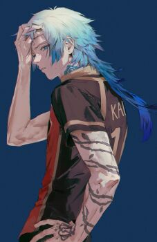 1boy absurdres arm_tattoo ateli_er black_shirt blonde_hair blue_eyes blue_flower blue_hair blue_lock blurry blurry_background eyeliner flower from_side hand_in_own_hair hand_tattoo highres long_hair looking_at_viewer makeup male_focus michael_kaiser multicolored_hair neck_tattoo red_eyeliner shirt simple_background soccer_uniform solo sportswear sweat tattoo upper_body