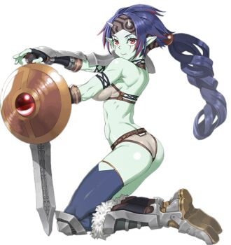 1girl artist_request ass bad_source belt boots breasts collar colored_shoe_soles colored_skin doula_(sennen_sensou_aigis) fang from_side full_body game_cg green_skin leaning_on_weapon muscular muscular_female official_art orc pointy_ears red_eyes sennen_sensou_aigis shield shoe_soles solo spikes third-party_source transparent_background