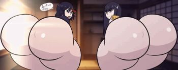 2girls ass ass-to-ass ass_press asstronsfw black_hair bouncing_ass english_text huge_ass kill_la_kill kiryuuin_satsuki long_hair matoi_ryuuko multiple_girls short_hair thick_thighs thighs