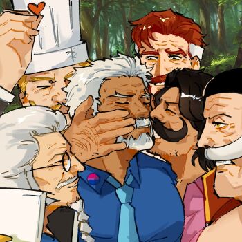 6+boys alaric_(peedeeseel) bara braid braided_beard chef_hat dark-skinned_male dark_skin edward_newgate facial_hair goatee gol_d._roger grey_hair hand_hair hat heart highres jealous kiss kissing_cheek male_focus mature_male meme_request monkey_d._garp multicolored_hair multiple_boys mustache neckite old old_man one_piece orange_hair original pectorals peedeeseel red-leg_zeff reference_request second-party_source sengoku_(one_piece) short_hair streaked_hair thick_eyebrows white_hair wrinkled_skin yaoi