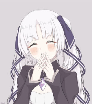 1girl ^_^ artia black_shrug blush closed_eyes commentary english_commentary grey_background grin hayashi_0311 hololive hololive_china interlocked_fingers long_sleeves looking_at_viewer shrug_(clothing) sleeves_past_wrists smile solo teeth twintails virtual_youtuber white_hair