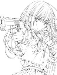Rule 34 | 1girl, artist request, gun, lycoris recoil, monochrome, pointing, pointing at viewer, school uniform, solo, weapon, white background