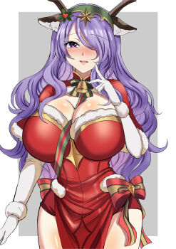 1girl antlers bell breasts camilla_(fire_emblem) camilla_(flurry_embrace)_(fire_emblem) christmas cleavage dress fire_emblem fire_emblem_fates fire_emblem_heroes hair_ornament hair_over_one_eye holly holly_hair_ornament horns huge_breasts long_hair looking_at_viewer nintendo official_alternate_costume purple_eyes purple_hair reindeer_antlers tara_(szzj7733)