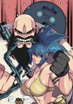 1girl arm_pouch bald ball_and_chain_(weapon) ball_and_chain_restraint bare_shoulders beard biceps black_gloves blue_eyes blue_hair breasts chang_koehan cleavage crop_top dog_tags dougi earrings el_zanza_art facial_hair gloves highres jewelry large_breasts leona_heidern long_hair looking_at_viewer metal_ball midriff muscular muscular_female navel ponytail soldier tank_top the_king_of_fighters triangle_earrings weapon yellow_tank_top