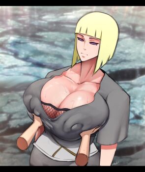1boy 1girl blonde_hair breasts clothes covered_erect_nipples disembodied_hand grabbing_another's_breast groping hetero highres huge_breasts hypnosis medium_hair mind_control naruto_(series) naruto_shippuuden rinnegan samui_(naruto) strangehero sweat