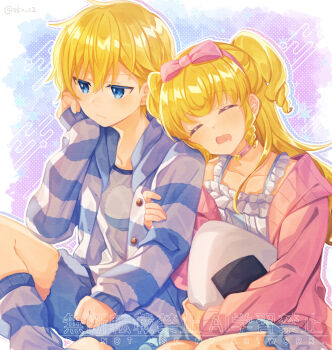 blonde_hair blue_eyes blue_shorts brother_and_sister cardigan closed_eyes commentary_request drooling food highres holding holding_pillow idol_time_pripara jacket leaning_on_person leg_warmers long_hair long_sleeves mouth_drool onigiri open_mouth pajamas pillow pink_cardigan pretty_series pripara ringlets sakura-no shirt short_hair shorts siblings sitting sleeping sleeping_on_person sleeping_upright striped_clothes striped_jacket two_side_up white_shirt yumekawa_shogo yumekawa_yui