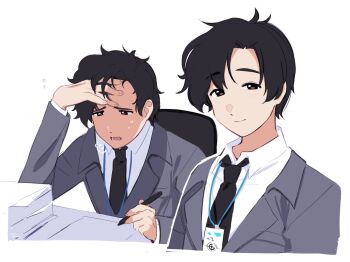1boy black_hair black_necktie blue_archive blue_archive_the_animation brown_eyes chair collared_shirt commentary english_commentary flying_sweatdrops grey_jacket hand_on_own_forehead holding id_card jacket lisa_(faeuna) male_focus multiple_views necktie paper paper_stack puff_of_air sensei_(blue_archive) sensei_(blue_archive_the_animation) shirt simple_background sitting sweat white_background white_shirt