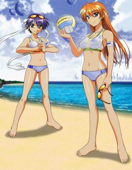 Rule 34 | 00s, 2girls, bad id, ball, barefoot, beach, bikini, blue bikini, day, feet, holding, holding ball, image sample, legs, lyrical nanoha, mahou shoujo lyrical nanoha, mahou shoujo lyrical nanoha strikers, mikasa sports, multiple girls, okuda yasuhiro, outdoors, sports bikini, subaru nakajima, sunglasses, swimsuit, teana lanster, third-party edit, volleyball (object)