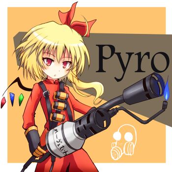 Rule 34 | 1girl, bad id, bad pixiv id, blonde hair, cosplay, dress, embodiment of scarlet devil, explosive, female focus, flamethrower, flandre scarlet, gas mask, gloves, grenade, hair ribbon, holding flamethrower, holding weapon, mask, pyro (tf2), red dress, red eyes, red pyro (tf2), ribbon, side ponytail, solo, sumapan, team fortress 2, the pyro (cosplay), touhou, translation request, weapon, wings