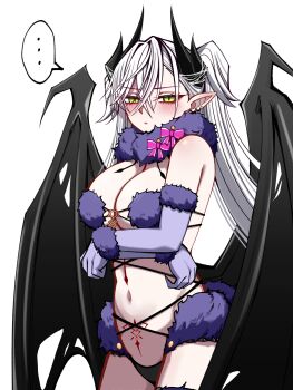 1girl bare_shoulders black_panties blush body_markings bow breasts cleavage cosplay crossed_bangs demon_girl demon_horns demon_wings ear_piercing elbow_gloves fate/grand_order fate_(series) fur-trimmed_gloves fur_collar fur_trim gloves green_eyes grey_hair hair_between_eyes highres horns large_breasts lilith_(fate) long_hair looking_at_viewer mash_kyrielight mash_kyrielight_(dangerous_beast) mash_kyrielight_(dangerous_beast)_(cosplay) mcpc_zamurai navel o-ring panties piercing pointy_ears purple_gloves solo stomach_tattoo tail tattoo thighs twintails underwear very_long_hair wings wolf_tail
