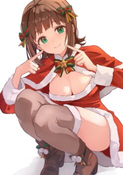 1girl absurdres amami_haruka b1ack_illust bow bowtie breasts brown_hair brown_shoes brown_thighhighs capelet christmas cleavage closed_mouth commentary_request dress fur-trimmed_capelet fur-trimmed_dress fur-trimmed_thighhighs fur_trim green_eyes hair_bow highres idolmaster idolmaster_million_live! index_finger_raised long_sleeves looking_at_viewer medium_breasts pointing pointing_at_self pom_pom_(clothes) red_bow red_bowtie red_capelet red_dress santa_costume santa_dress shoes short_hair simple_background smile solo squatting striped_bow striped_bowtie striped_clothes thighhighs thighs white_background
