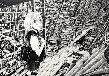 2girls absurdly_detailed_composition absurdres bag book bookshelf commentary_request greyscale highres ibsukionsen indoors library loaded_interior messy_room monochrome multiple_girls open_mouth original pile_of_books pleated_skirt school_bag school_uniform shirt shoes short_hair short_sleeves shoulder_bag skirt solo_focus traditional_media wooden_floor