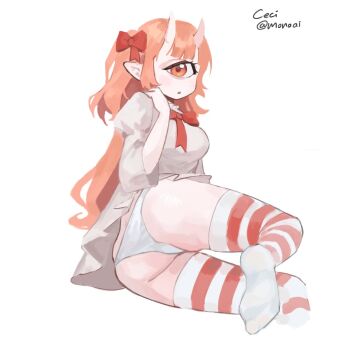 1girl 2022 artist_name breasts cecilia_rosenkreutz highres horns indie_virtual_youtuber kreoalt looking_back lying medium_breasts monoai name on_side one-eyed oni_girl orange_hair panties pointy_ears socks solo striped_clothes striped_socks underwear upskirt virtual_youtuber white_background white_panties
