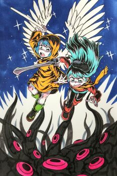 2girls absurdres aqua_hair bead_necklace beads beret black_giraffe black_hat black_pantyhose blue_eyes blue_hair blue_skirt boots cane commentary cross cross_necklace dirty_footwear english_commentary flying full_body green_footwear hat highres hilda_(hilda) hilda_(series) holding holding_cane holding_sword holding_weapon jewelry jubilee_2025 latin_cross long_hair luce_(jubilee_2025) monster multiple_girls necklace night night_sky open_mouth pantyhose pouncing raincoat red_footwear red_sweater rosary rubber_boots scarf short_hair skirt sky spread_wings sweater sword teeth tentacles upper_teeth_only weapon white_wings wings yellow_raincoat yellow_scarf