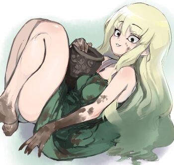 1girl bare_legs barefoot blonde_hair dirty dirty_clothes dirty_face dirty_feet dirty_hands dress eko_(fumetsu_no_anata_e) fumetsu_no_anata_e gradient_hair green_dress green_hair highres knees_up long_hair looking_at_viewer mud multicolored_hair murechika parted_lips smile solo