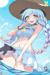 Rule 34 | 2girls, :d, aqua eyes, artist name, bare arms, bare shoulders, bead bracelet, beads, bikini, bikini skirt, blue bikini, blue hair, blue skirt, blue sky, blush, bow, bracelet, braid, breasts, brown hat, cameltoe, collarbone, commentary, cowboy shot, dated, day, dolphin, dot nose, dutch angle, flower, frilled bikini top, from below, gluteal fold, gradient hair, grey choker, hair between eyes, hair bow, hair ornament, hairclip, hand on own thigh, hand to own mouth, hand up, hat, highres, jewelry, long hair, looking at viewer, looking down, medium breasts, miniskirt, mountain, multicolored hair, multiple girls, naia (trickcal), navel, open mouth, outdoors, pink hair, pleated skirt, puff of air, purerin, raised eyebrows, skirt, sky, smile, splashing, sun, sun hat, swept bangs, swimsuit, sylphire (trickcal), symbol-only commentary, teeth, thick eyelashes, thigh gap, thighs, trickcal, twin braids, two-tone eyes, upper teeth only, upskirt, very long hair, wading, water drop, yellow bow, yellow flower