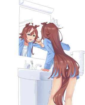1girl animal_ears bathroom blue_eyes blue_pajamas blue_shirt blue_shorts brown_hair brushing_teeth collarbone commentary_request cup hair_between_eyes highres holding holding_toothbrush horse_ears horse_girl horse_tail long_hair long_sleeves mirror multicolored_hair open_mouth pajamas ramaramune reflection shirt shorts sink solo streaked_hair tail teeth tokai_teio_(umamusume) toothbrush toothbrush_in_mouth toothpaste two-tone_hair umamusume white_hair white_shirt