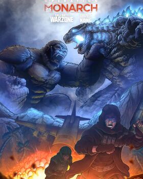 1boy 1girl activision aircraft airplane alternate_color ape assault_rifle atomic_breath b-25 b-25_mitchell blue_eyes call_of_duty call_of_duty:_vanguard call_of_duty:_warzone cloud cloudy_sky crossover dark-skinned_female dark-skinned_male dark_skin dinosaur energy english_text explosion explosive fangs fire florence_carter giant giant_monster gills glowing glowing_eyes glowing_gills glowing_mouth glowing_spikes glowing_throat godzilla godzilla_(series) godzilla_vs._kong gorilla grenade gun hand_grenade highres infinity_ward kaiju king_kong king_kong_(series) legendary_pictures less-than-lethal_weapon m18_smoke_grenade mateo_hernandez monster monsterverse multiple_boys multiple_crossover muscular muscular_male night no_pupils open_mouth overcast palm_tree pectorals plasma raven_software rifle roaring saliva scar scar_on_chest sea_monster sharp_teeth sky sledgehammer_games smoke_grenade spikes teeth thomdotartz toho tongue tree warner_bros. weapon yellow_eyes