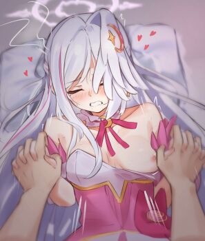 1boy 1girl absurdres bare_shoulders blue_archive blush breasts bustier clenched_teeth closed_eyes clothed_sex commentary crescent crescent_hair_ornament detached_sleeves hair_in_own_mouth hair_ornament halo head_wings heart hetero highres holding_hands implied_sex interlocked_fingers long_hair magical_girl motion_lines multicolored_hair nipples one_breast_out out-of-frame_censoring pink_streaks pov pov_hands purple_halo single_hair_intake single_head_wing single_wing suzumi_(blue_archive) suzumi_(magical)_(blue_archive) teeth two-tone_hair uber_(29131626) white_hair white_wings wing_ornament wings