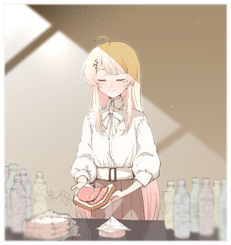 Rule 34 | 1girl, ahoge, alternate costume, belt, blonde hair, blush, bottle, bow, bowtie, bread, bread slice, brown skirt, closed eyes, closed mouth, commentary, cowboy shot, eyelashes, flat chest, food, fortissimo, hair ornament, henriiku (ahemaru), highres, hololive, hololive dev is, light particles, long hair, long sleeves, meat, messy room, musical note, musical note hair ornament, otonose kanade, pleated skirt, sandwich, shade, shirt, shirt tucked in, sidelocks, skirt, sliced meat, smile, solo, standing, straight hair, sunlight, trash bag, virtual youtuber, water bottle, white belt, white bow, white bowtie, white shirt