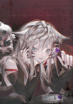 0_(znanimo) 1girl alternate_costume animal_ears arknights artist_name bare_shoulders black_nails commentary english_text fingernails grey_eyes grey_hair hair_between_eyes hair_ornament hairclip hand_up highres lappland_(arknights) long_fingernails long_hair looking_at_viewer nail_polish parallel_hairclips parted_lips scar scar_across_eye scar_on_face symbol-only_commentary upper_body wolf_ears wolf_girl