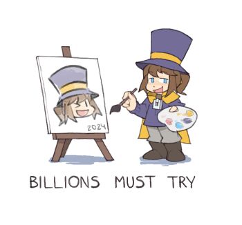 1girl 2024 :d ;d a_hat_in_time art_brush blue_eyes blush boots brown_boots brown_hair canvas_(object) cape child commentary dot_nose easel english_commentary english_text fujimna grey_pants hair_tie hat hat_kid hat_ribbon head_only holding holding_paint_palette holding_paintbrush holding_paint_palette jacket long_sleeves looking_at_viewer medium_hair meme one_eye_closed open_mouth paint_palette paintbrush paint_palette pants ponytail purple_hat purple_jacket ribbon shadow sidelocks simple_background smile solo standing the_west_has_fallen_(meme) top_hat white_background yellow_cape yellow_ribbon zipper_pull_tab