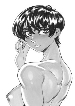 1girl absurdres berserk breasts casca_(berserk) commentary dark-skinned_female dark_skin english_commentary expressionless eyelashes fingernails from_behind gofa greyscale hand_up highres long_fingernails looking_at_viewer looking_back medium_breasts monochrome nipples nude short_hair solo upper_body